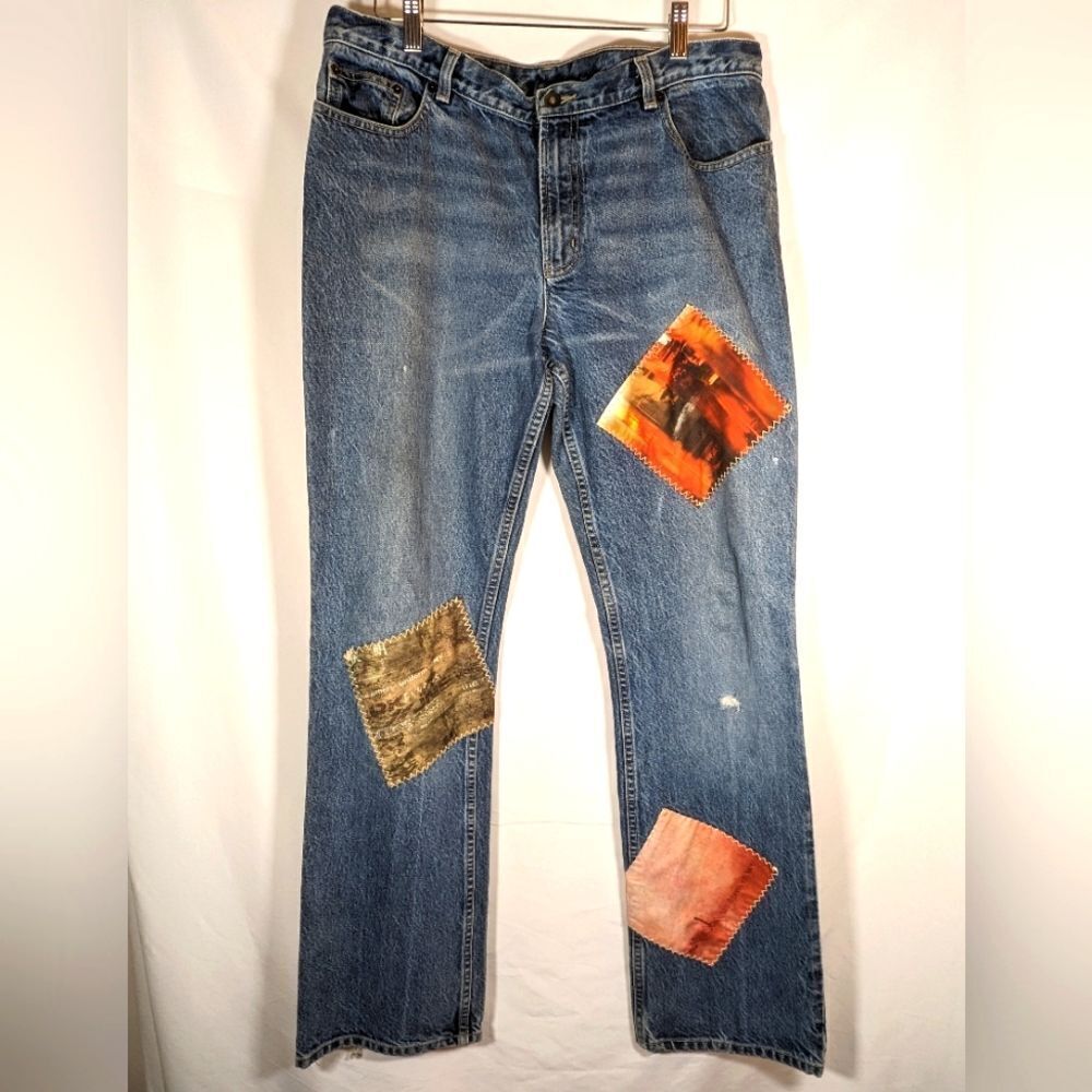 DKNY Jeans With Stitched On Patchwork Regular Fit With Distressing Size 36x33